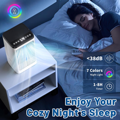 Mobile Klimaanlage, 1500ML-Ventilator, 4 Geschwindigkeiten, 7-farbige LED-Beleuchtung, 2 Sprühfunktionen und 1-8-Stunden-Timer – ideal für Schlafzimmer und Büros