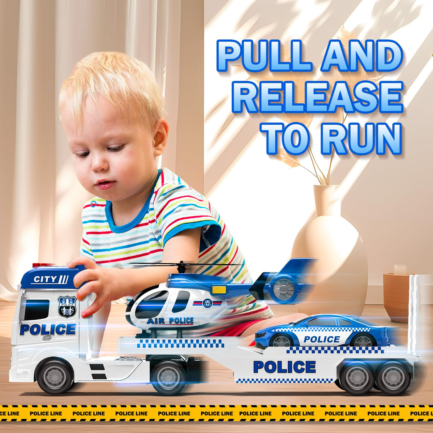 Tacobear Polizei Lastwagen Spielzeug Geschenke ab 2 3 4 5 Junge groß LKW Spielzeug & Hubschrauber Polizeiauto Abnehmbar Anhänger, Reibungsbetrieb Autotransporter Spielzeug Geschenkideen Kinder Jungen