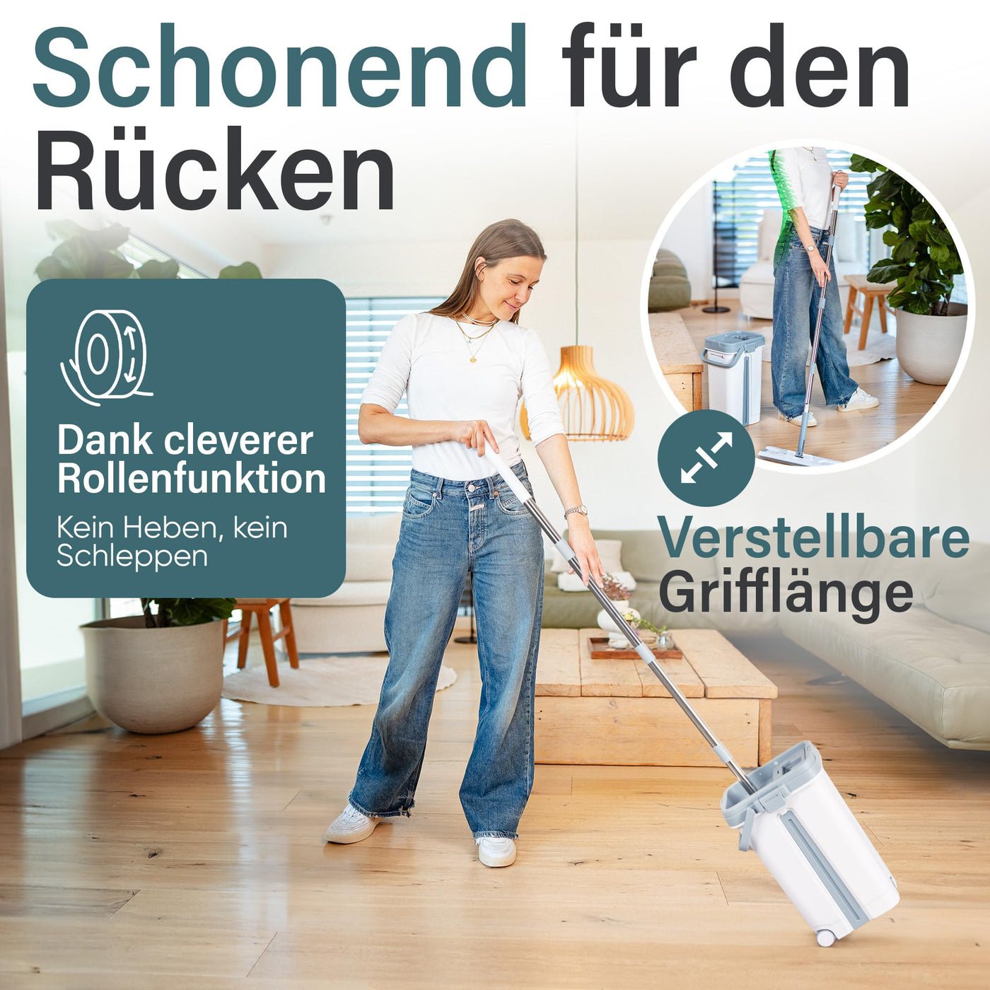 SWIPE PRO Wischmopp Set mit Eimer [ROLLENFUNKTION] - 2 Kammer-System - ABFLUSSVENTILE - einfache Auswringfunktion - 2 Stück waschbare Microfaserpads - für Jede Bodenart - Jetzt Bilder ansehen!