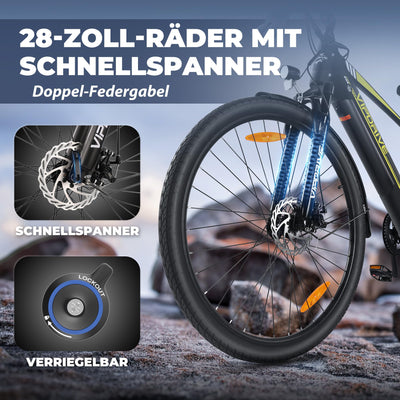 Vipdrive E Bike 28 Zoll, E-Bike Damen Herren, Electric Bike mit 48V 15Ah Batterie, 3 PAS & Tempomat Modus, 7-Gang mit LCD-Display, 250W Motor & 85NM, up to 100km(Navigator 1.1 Black)