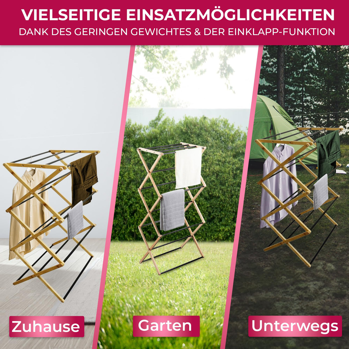 Suleno® Bambus Wäscheständer Bali, 57x113cm Klappbar & Ausziehbar, Platzsparend, 11 Metallstangen, 6 Ebenen, Leicht, Ideal für kleine Wohnungen, Enge Räume & Balkon, Innen/Außen, Umweltfreundlich