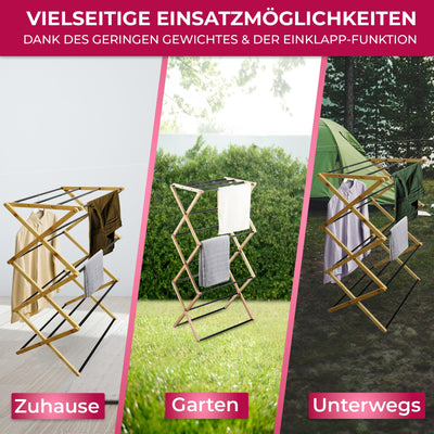 Suleno® Bambus Wäscheständer Bali, 57x113cm Klappbar & Ausziehbar, Platzsparend, 11 Metallstangen, 6 Ebenen, Leicht, Ideal für kleine Wohnungen, Enge Räume & Balkon, Innen/Außen, Umweltfreundlich