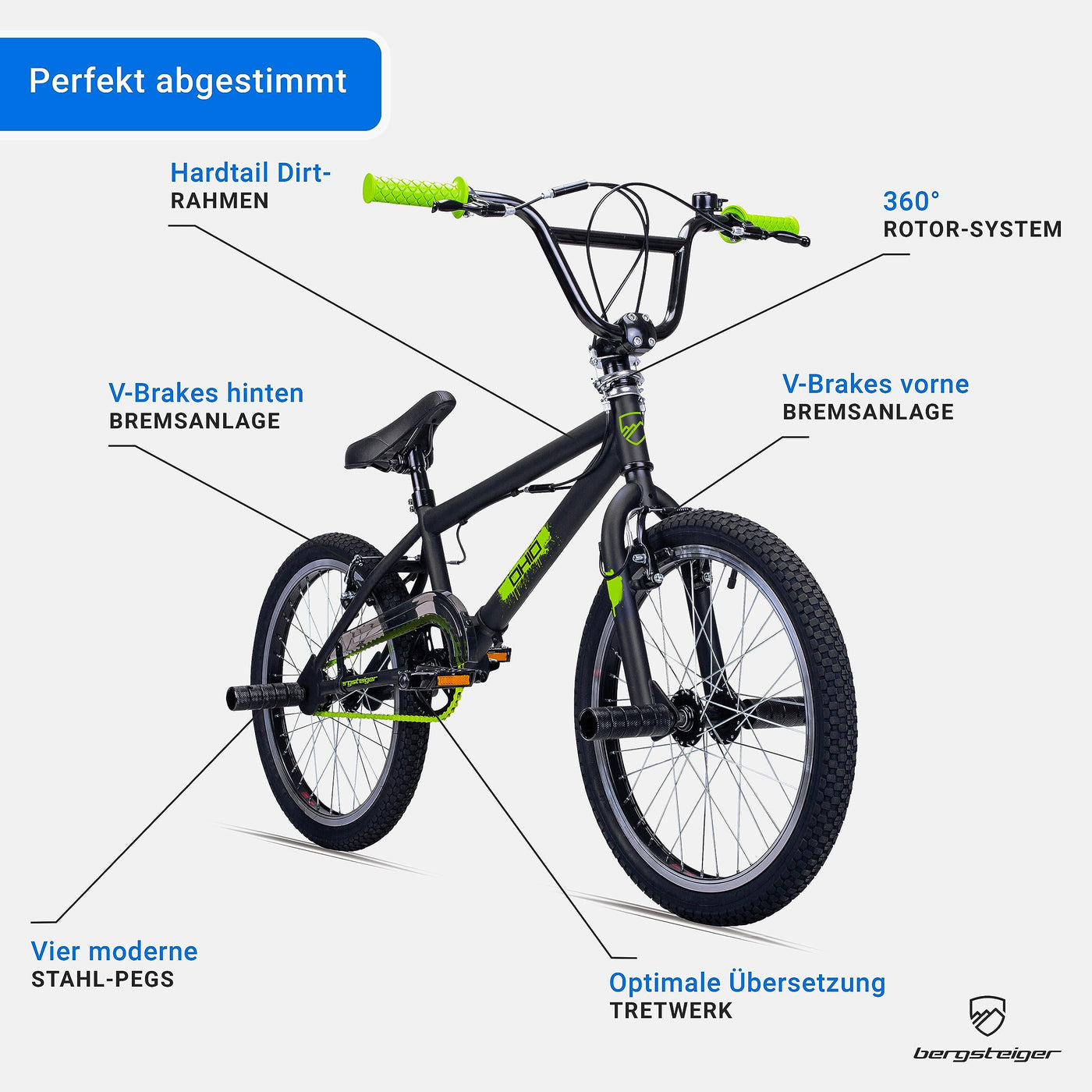 Bergsteiger Ohio 20 Zoll BMX, 360° Rotor-System, Freestyle, 4 Stahl Pegs, Kettenschutz, Freilauf