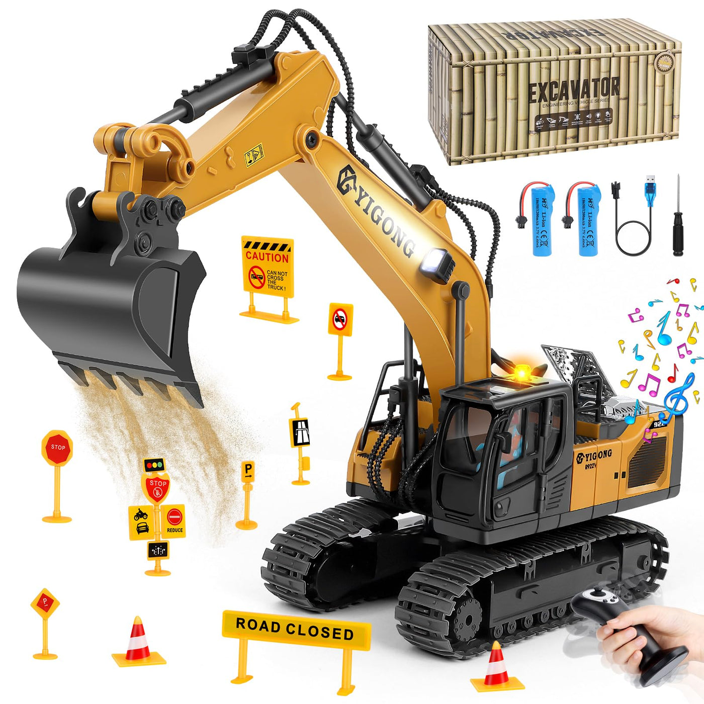 Charmofun Ferngesteuerter Bagger, 2,4GHz Bagger Spielzeug mit Schwerkraftgesteuerter Fernsteuerung, Stufenlos Rotierender RC Radlader mit Lichtern und Musik, Geschenke für Jungen Ab 5-12 Jahre