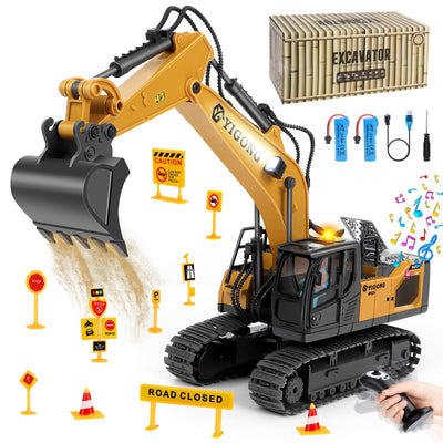 Charmofun Ferngesteuerter Bagger, 2,4GHz Bagger Spielzeug mit Schwerkraftgesteuerter Fernsteuerung, Stufenlos Rotierender RC Radlader mit Lichtern und Musik, Geschenke für Jungen Ab 5-12 Jahre