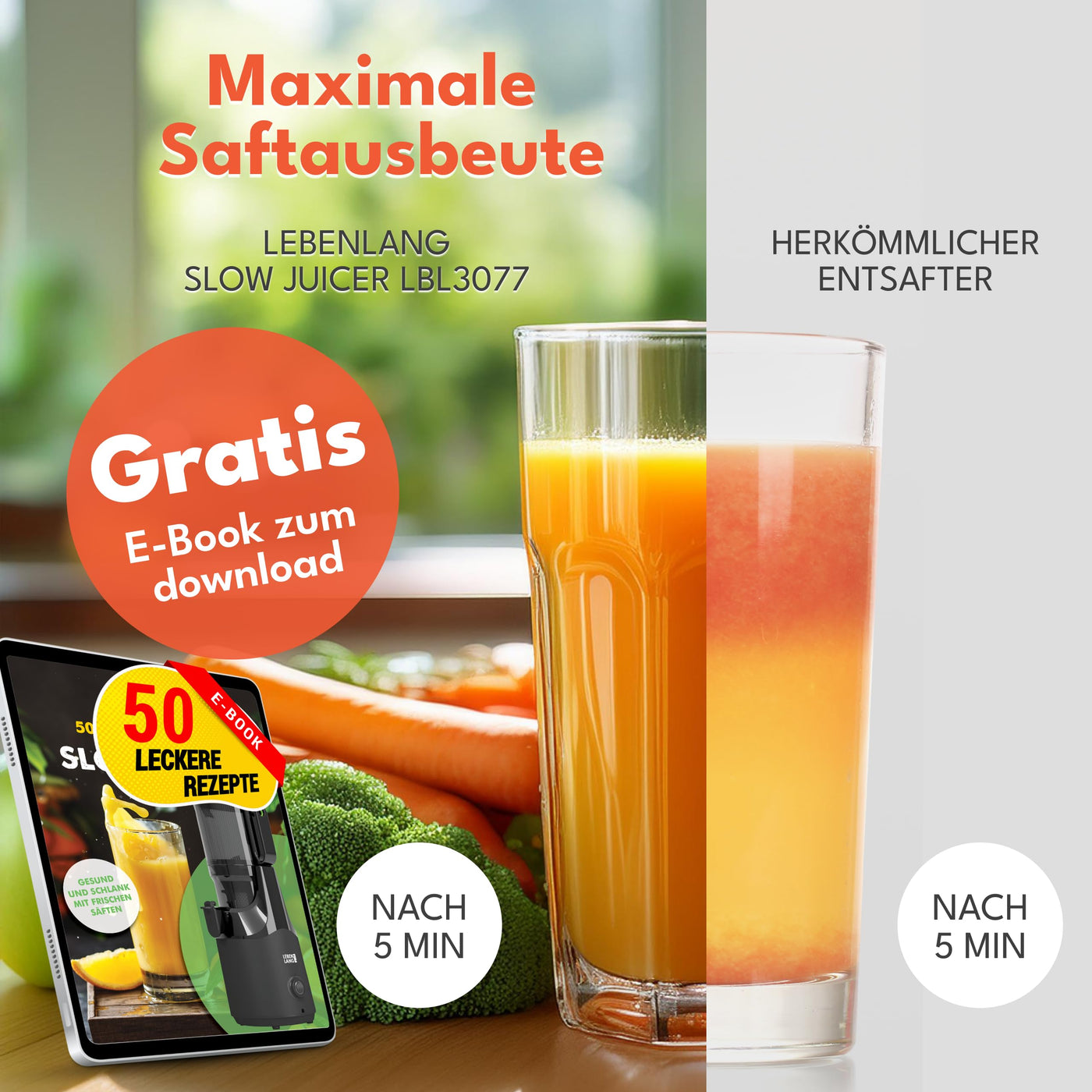 LEBENLANG Entsafter Slow Juicer - Inkl. Rezeptbuch & Große 130mm Öffnung I Perfekt für Obst ganze Früchte und Gemüse 100% BPA-Frei I Best Juicer Machine Saftpresse elektrisch Masticating Green Press