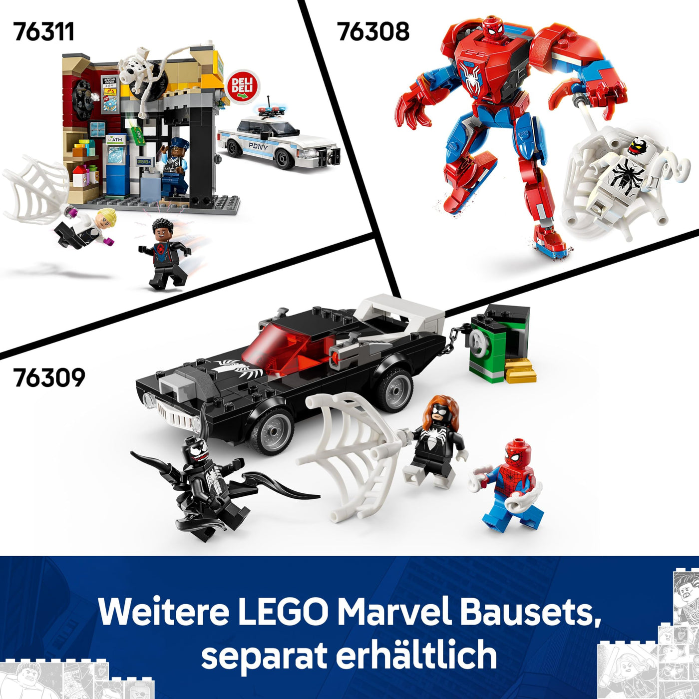 LEGO Marvel Spider-Man Mech vs. Venom Muscle Car - Auto Spielzeug mit 3 Superhelden Minifiguren - Modellauto mit Shootern - Geschenk für Jungen und Mädchen ab 7 Jahren 76309