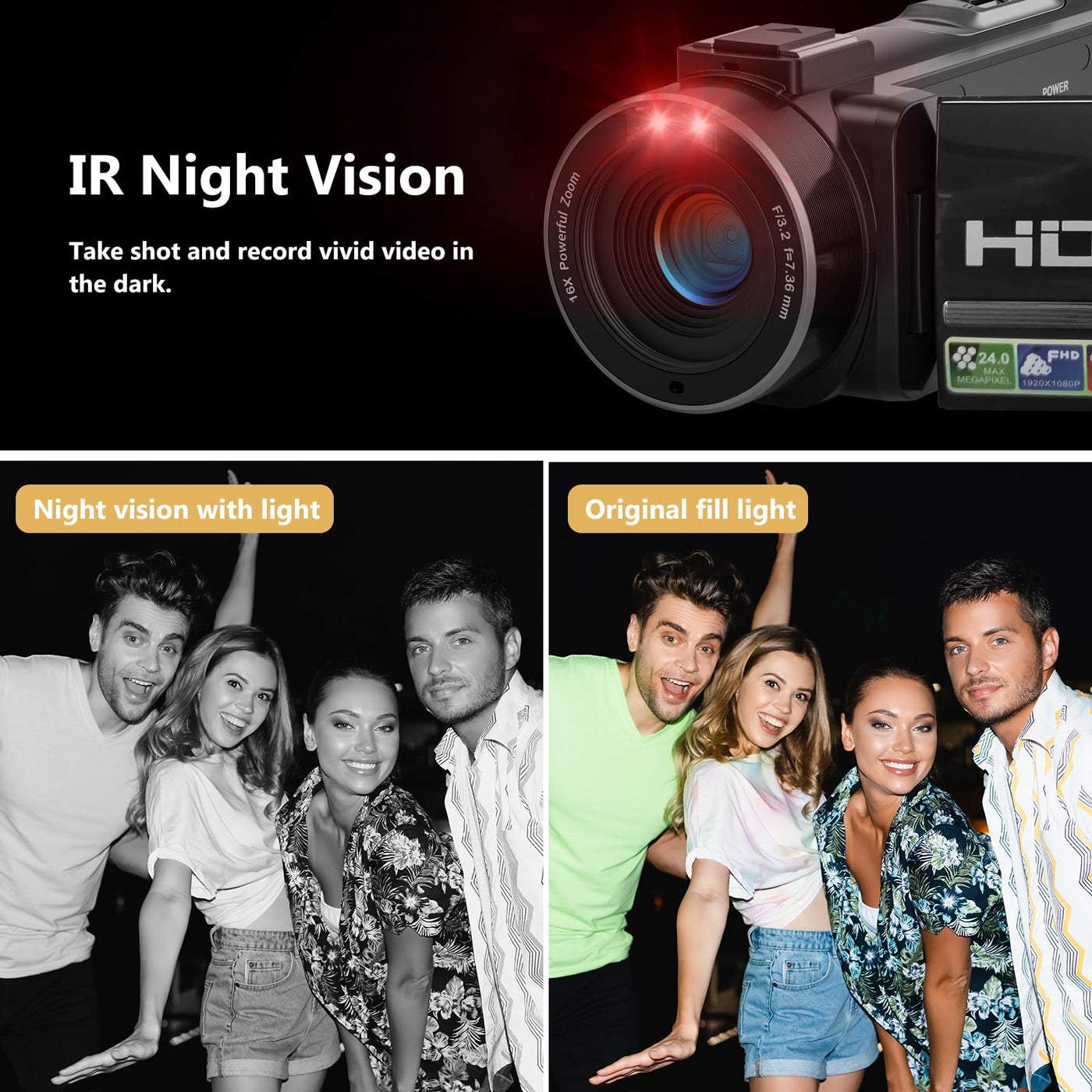Videokamera Camcorder 1080P 36MP IR-Nachtsicht Videokamera Digitalkamera mit 2 Batterien, 3,0-Zoll-IPS-Bildschirm Vlogging Kamera 30FPS 16X Digitalzoom für YouTube, Streaming-Videoaufzeichnung, Tiktok
