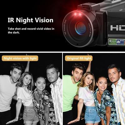 Videokamera Camcorder 1080P 36MP IR-Nachtsicht Videokamera Digitalkamera mit 2 Batterien, 3,0-Zoll-IPS-Bildschirm Vlogging Kamera 30FPS 16X Digitalzoom für YouTube, Streaming-Videoaufzeichnung, Tiktok