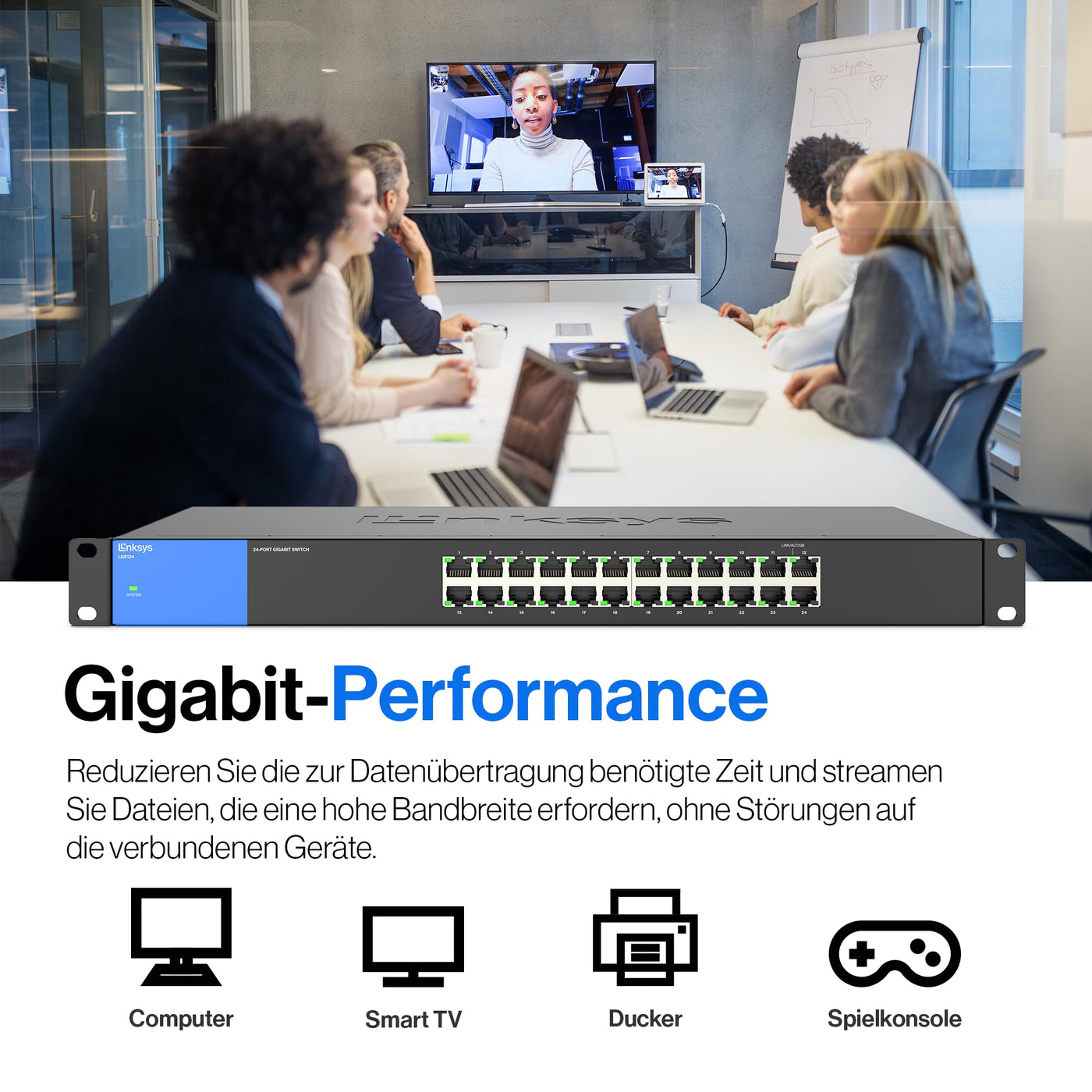 Linksys LGS124-EU 24-Port Unmanaged Gigabit-Netzwerk-Switch – Ethernet-Switch/Hub mit Metallgehäuse, Splitter – Platzierung an der Wand oder auf dem Schreibtisch im Büro oder zu Hause, Plug-and-Play