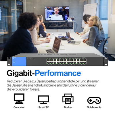 Linksys LGS124-EU 24-Port Unmanaged Gigabit-Netzwerk-Switch – Ethernet-Switch/Hub mit Metallgehäuse, Splitter – Platzierung an der Wand oder auf dem Schreibtisch im Büro oder zu Hause, Plug-and-Play