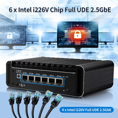 Glovary Firewall Mini PC Quad Core N100, DDR5 8GB RAM 128GB NVMe SSD, 6 x 2.5GbE i226V LAN Fanless Computer Hardware, Micro Router Appliance, AES-NI, OPNsense, TypeC Port, TF Card Slot