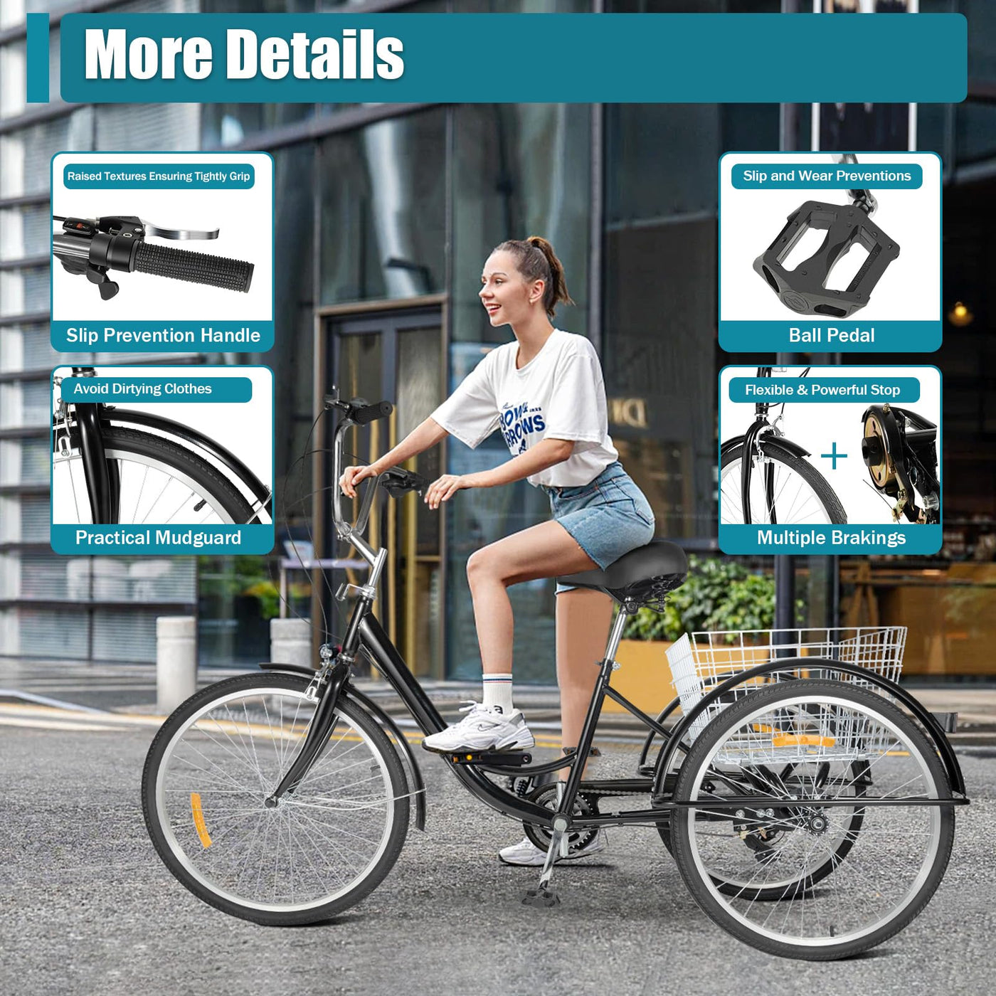 chennnls 26 Zoll 8-Gang Dreirad für Erwachsene, Dreiradfahrrad mit großem Korb, Verstellbarer Sitz Cruiser Trike Rennrad für Männer, Frauen, ältere Menschen(Schwarz Weiß)