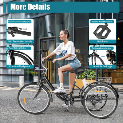 chennnls 26 Zoll 8-Gang Dreirad für Erwachsene, Dreiradfahrrad mit großem Korb, Verstellbarer Sitz Cruiser Trike Rennrad für Männer, Frauen, ältere Menschen(Schwarz Weiß)