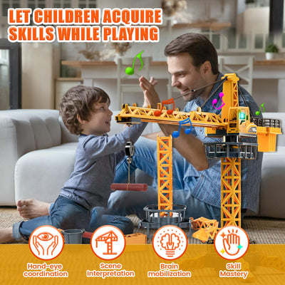 JONRRYIN Ferngesteuerte Turmkran, 12 Kanäle 2,4 Hz RC Turmdrehkran, 680 Grad Rotation Ferngesteuerte Tower Crane mit Lichter Geräusche und Verkehrsschilder Set für Kinder