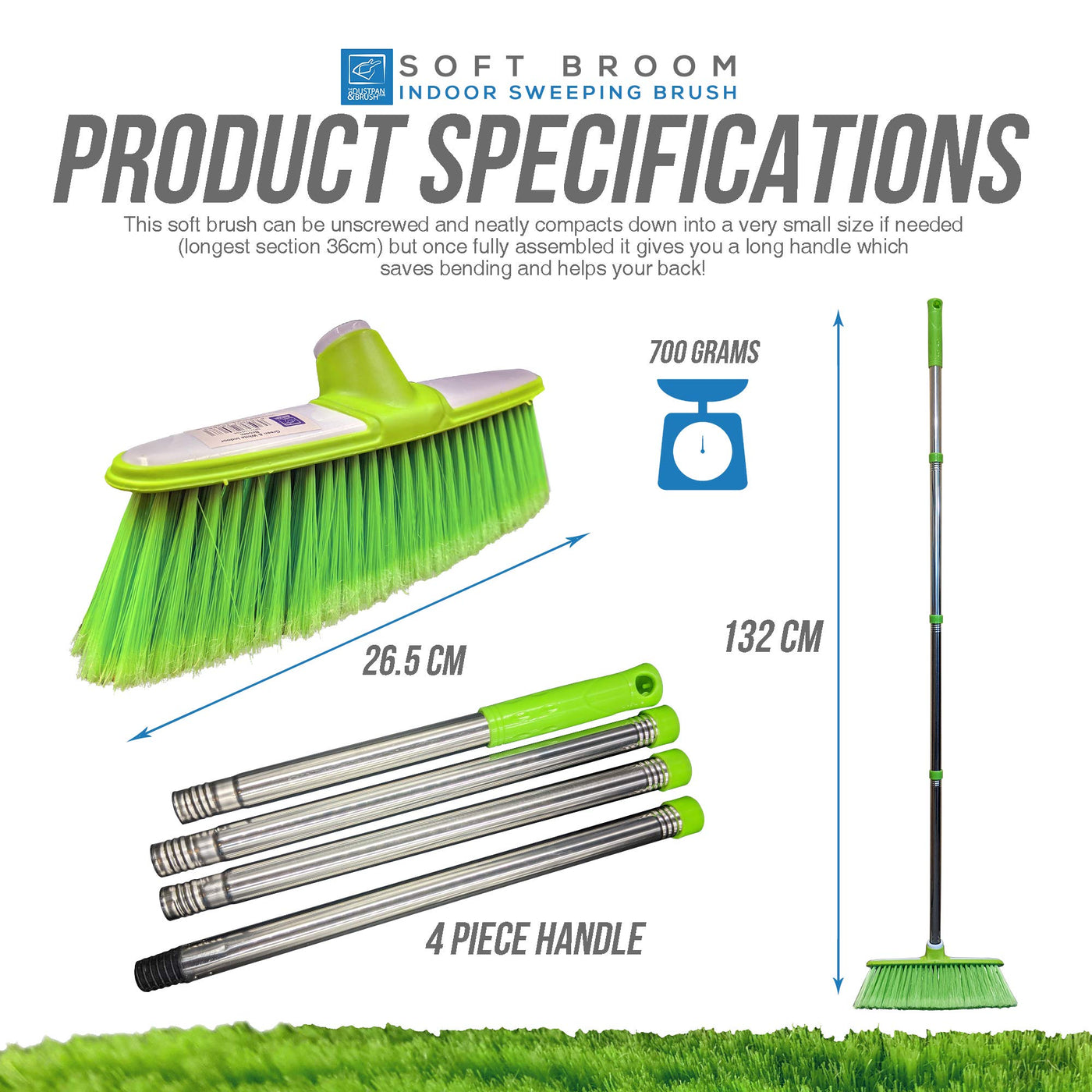 TDBS The Dustpan and Brush Store Weicher Kehrbesen mit Edelstahl-Stiel für den Innenbereich - Der perfekte Besen für den Küchenboden Ihres Hauses - Der Kehrbesen mit langem Stiel (Grün)
