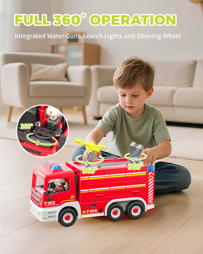 Coroiesty Feuerwehrauto Spielzeug ab 4 Jahre, Große Feuerwehrwagen mit 2 Feuerwehrleuten & Werkzeug, Licht & Sirene, pädagogisches Rettungsfahrzeug für Kinder Jungen Mädchen