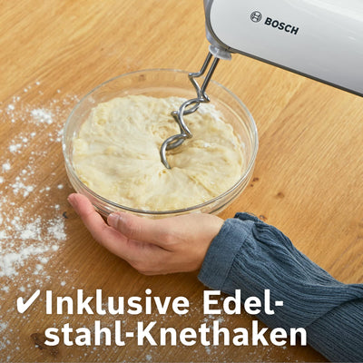 Bosch Handrührer Styline MFQ4075DE, 2 Rührbesen, 2 Edelstahl-Knethaken, spülmaschinengeeignet, Pürierstab, Mixbecher, 5 Stufen plus Turbostufe, 550 W, weiß/silber