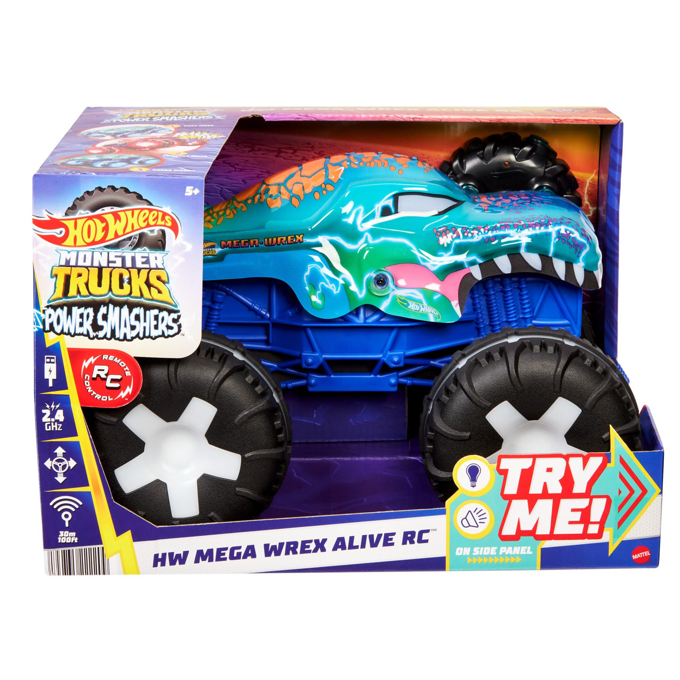 Hot Wheels Monster Trucks Ferngesteuertes Auto, Spielzeugtruck, übergroßer Mega-Wrex Alive im Maßstab 1:15 mit Fernbedienung, 3 ferngesteuerte Spielmodi mit interaktiven Lichtern und Geräuschen, JBD90