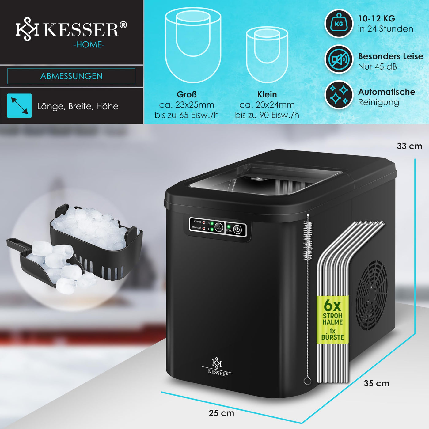 KESSER® Eiswürfelbereiter | Eiswürfelmaschine Edelstahl | Ice Maker | 12 kg 24 h | Zubereitung in 7 min | 2,2 Liter Wassertank | 2 Eiswürfel-Größen | LED-Display | Selbstreinigungsfunktion | Schwarz