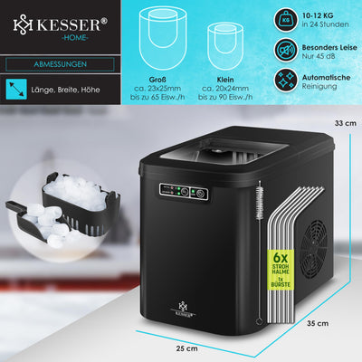KESSER® Eiswürfelbereiter | Eiswürfelmaschine Edelstahl | Ice Maker | 12 kg 24 h | Zubereitung in 7 min | 2,2 Liter Wassertank | 2 Eiswürfel-Größen | LED-Display | Selbstreinigungsfunktion | Schwarz
