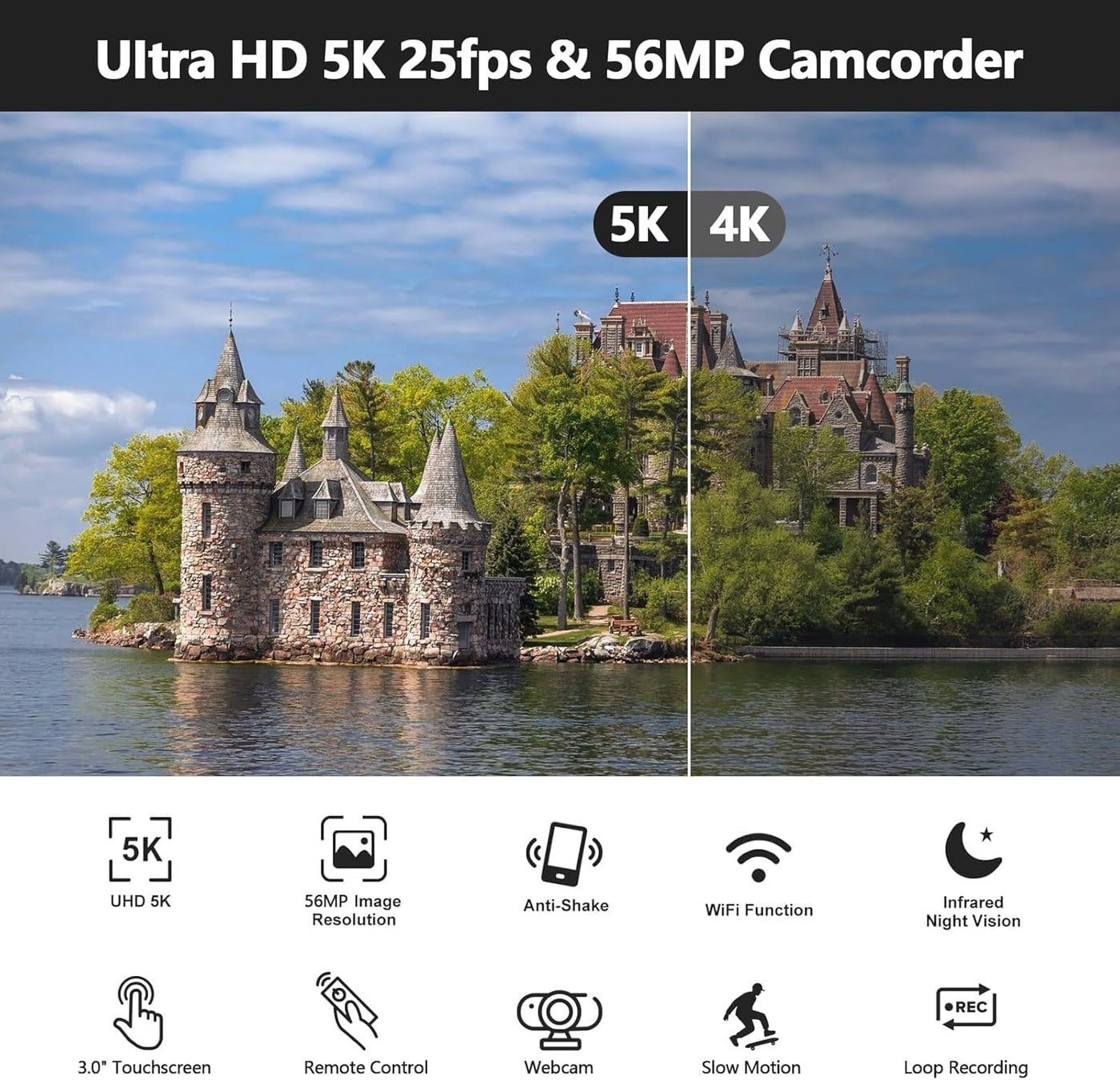 FIREFOTO Videokamera 5K Camcorder 56MP WiFi Vlogging Kamera für YouTube Digitalzoom 16X Touchscreen 3" IR Nachtsicht Video Camera mit 2 Batterien, 64GB Karte, Fernbedienung, Mikrofon