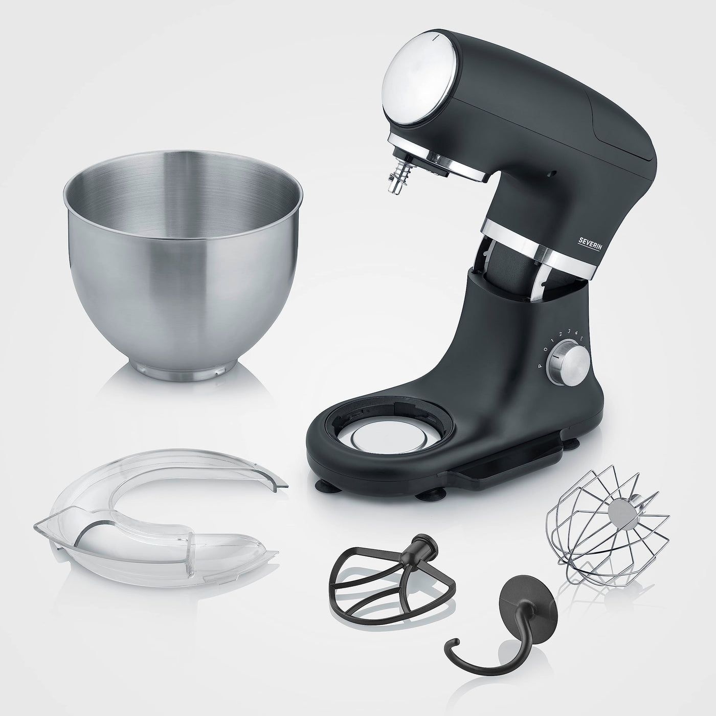 SEVERIN Küchenmaschine mit Waage, große Knetmaschine für bis zu 3 kg Kuchenteig, robuste Teigmaschine mit Knethaken, Flachrührer und Schneebesen, 1.000 W, schwarz, matt/Edelstahl, KM 3898, 3.8