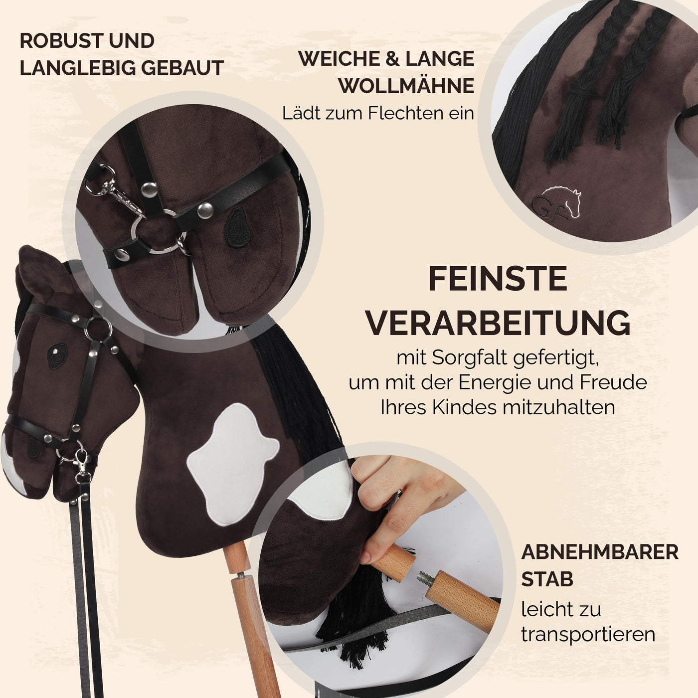 GaloppFreude® Hobby Horse Pferde Braunschecke – Großes A3 Steckenpferd mit Schraubstab & Trense – Hobby Horsing Pferd zum Reiten für Kinder & Stockpferd mit Langer Mähne – Inkl. Hobby Horse Zubehör