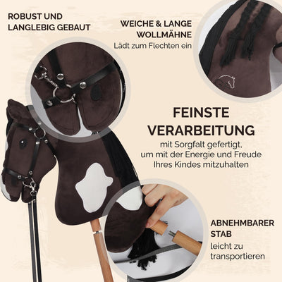GaloppFreude® Hobby Horse Pferde Braunschecke – Großes A3 Steckenpferd mit Schraubstab & Trense – Hobby Horsing Pferd zum Reiten für Kinder & Stockpferd mit Langer Mähne – Inkl. Hobby Horse Zubehör