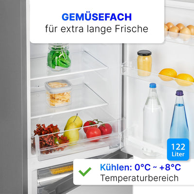 Bomann® Kühlschrank mit Gefrierfach 143cm hoch | Kühl Gefrierkombination 175L mit 3 Ablagen & 3 Schubladen | Türanschlag wechselbar | leise Kühlgefrierkombi 39db | Kühlschrank KG 322.1 inox-look