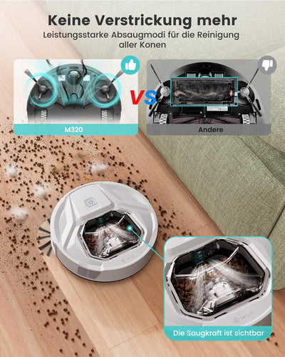 LEFANT M320 Saugroboter, 6.000Pa Staubsauger Roboter mit Präzise-Entfernungs-Navigation, Sichtbar 800ML Staubbehälter, 210Mins, WLAN/App, Ideal für Tierhaare, Teppiche
