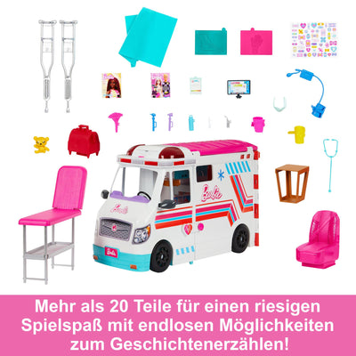 Barbie 2-in-1-Krankenwagen Spielset, Rettungswagen mit Lichtern und Geräuschen, umwandelbar in Pflegeklinik, 20 Puppenzubehör, Spielzeug ab 3 Jahren, HKT79
