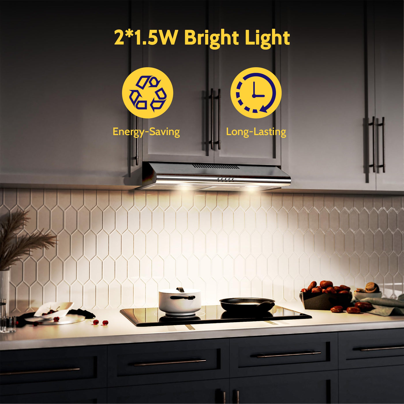 FIREGAS Dunstabzugshaube 60cm für Umluft- oder Abluftbetrieb, Dunstabzugshaube 60cm mit Bürstenloser motor & 3 Leistungsstufen, Abzugshaube Abluftleistung 250 m³/h, Edelstahl