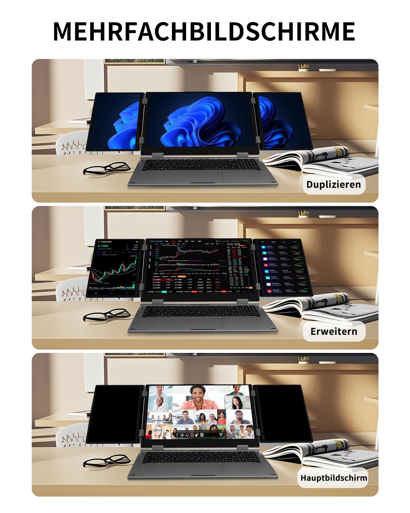 Laptop mit 3 Bildschirmen, 16" Hauptdisplay + 2x10,5", i7-12700H, 32GB RAM, 2TB SSD, Win 11 Pro, Wi-Fi 6, BT 5.2, Gesicht-/Fingerabdruck, deutsches QWERTZ-Layout, USB-C, HDMI