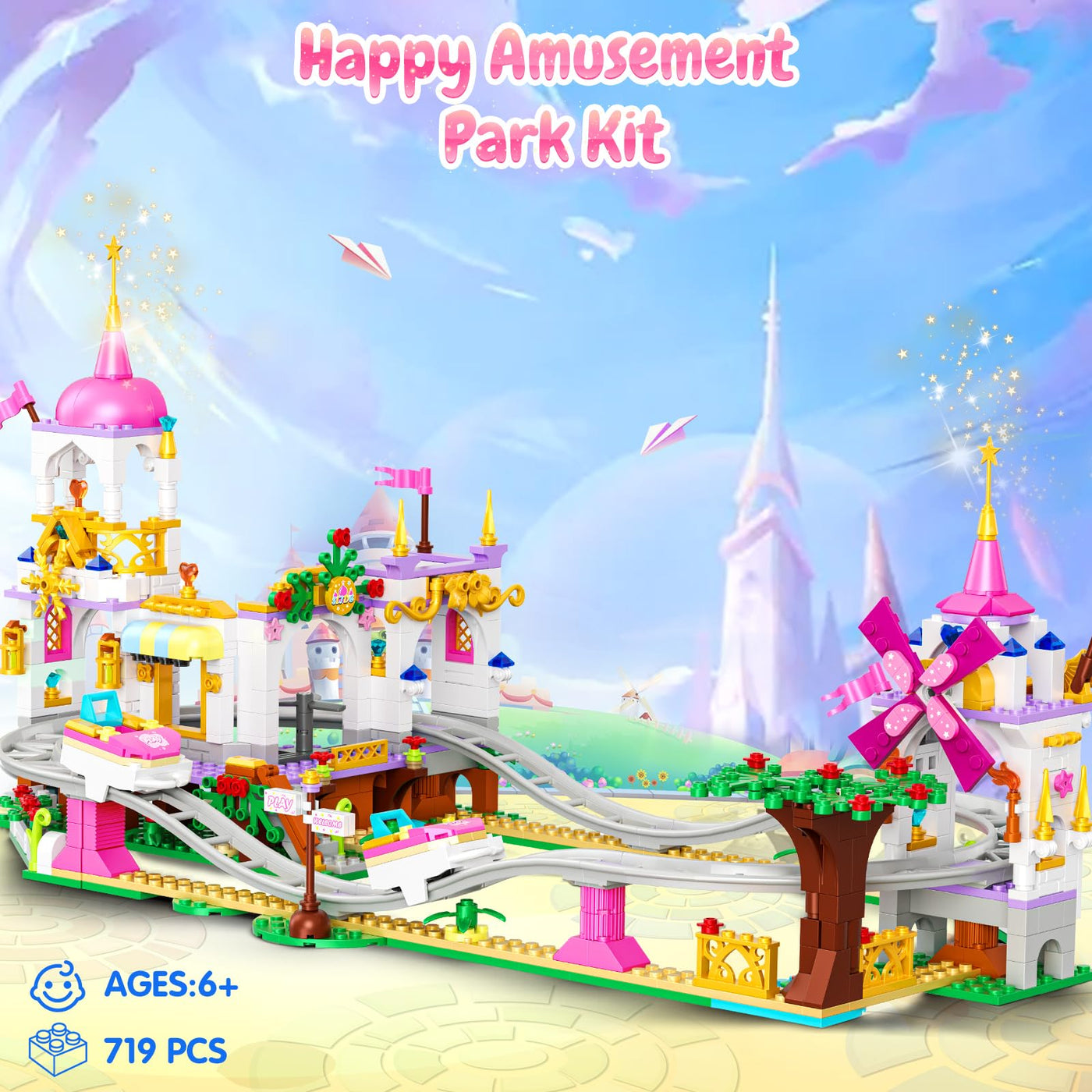 CUBIMANA Freund Achterbahn Baukasten - 719 Stück Mädchen City Vergnügungspark Achterbahn Baukasten Spielplatz Windmühle Bau Geburtstag Geschenk Spielzeug für Kinder Mädchen Jungen Alter 6 7 8 9 10 11+