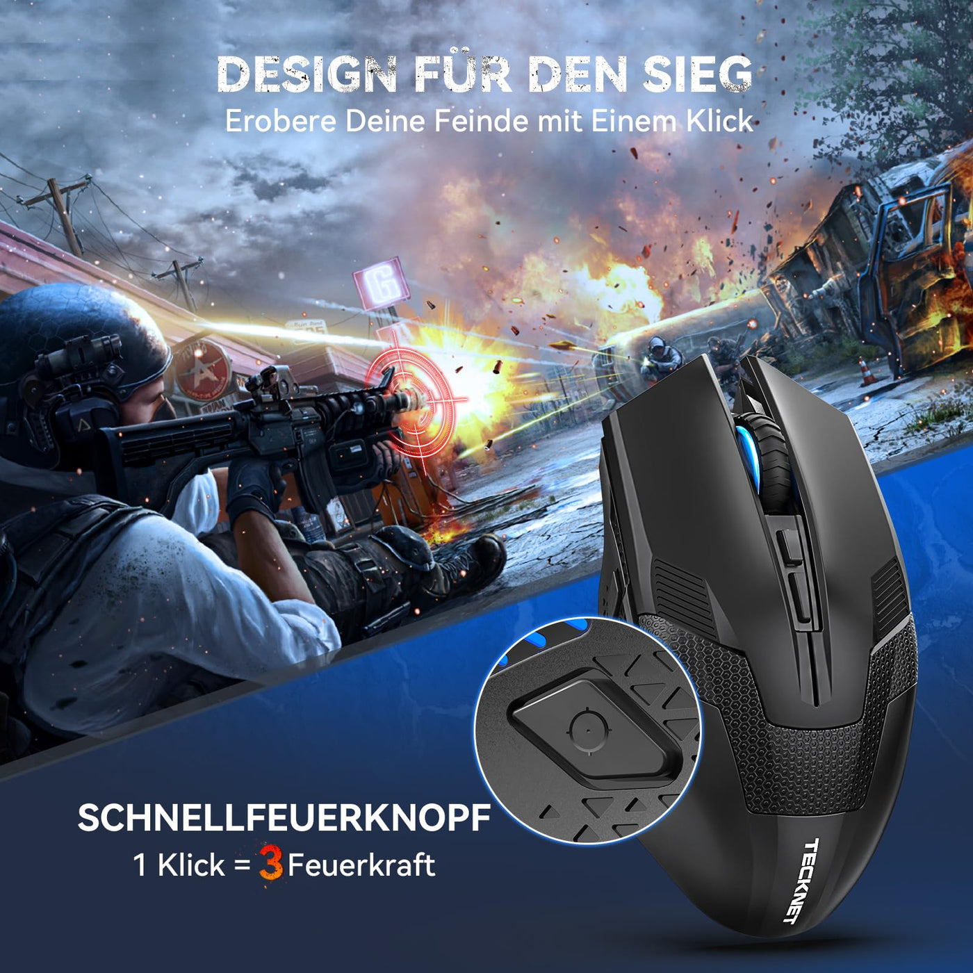 TECKNET Kabellose Gaming Maus, 2,4 GHz Wireless Gamer Maus 8 Tasten, 4800 DPI, 20 Millionen Klicks, Wireless Mouse, Ergonomische Optische Maus für PC/Mac/Laptop