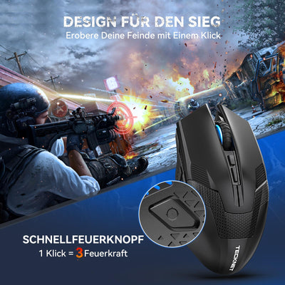 TECKNET Kabellose Gaming Maus, 2,4 GHz Wireless Gamer Maus 8 Tasten, 4800 DPI, 20 Millionen Klicks, Wireless Mouse, Ergonomische Optische Maus für PC/Mac/Laptop