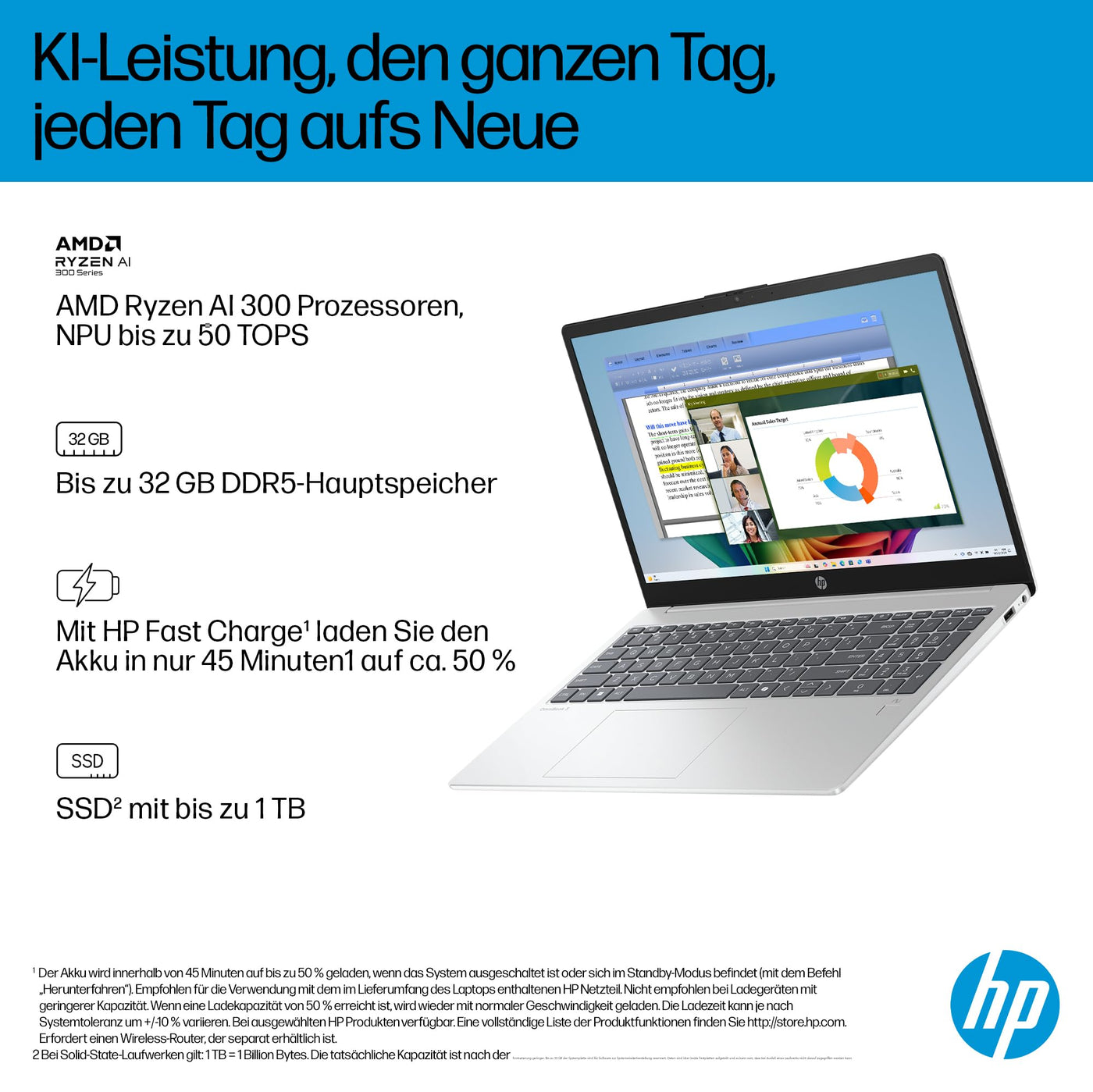 HP OmniBook 3 Next Gen AI PC 15-fn0523ng | Copilot+ PC | 15.6 Zoll FHD Display (1920 x 1080) | AMD Ryzen AI 5 330 (50 NPU-Tops) | 16GB RAM | 512GB SSD | QWERTZ Tastatur | Windows 11 Home | Silber