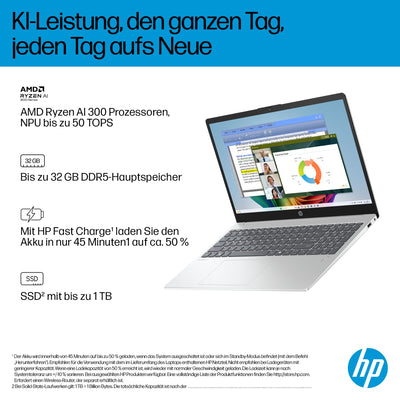 HP OmniBook 3 Next Gen AI PC 15-fn0523ng | Copilot+ PC | 15.6 Zoll FHD Display (1920 x 1080) | AMD Ryzen AI 5 330 (50 NPU-Tops) | 16GB RAM | 512GB SSD | QWERTZ Tastatur | Windows 11 Home | Silber