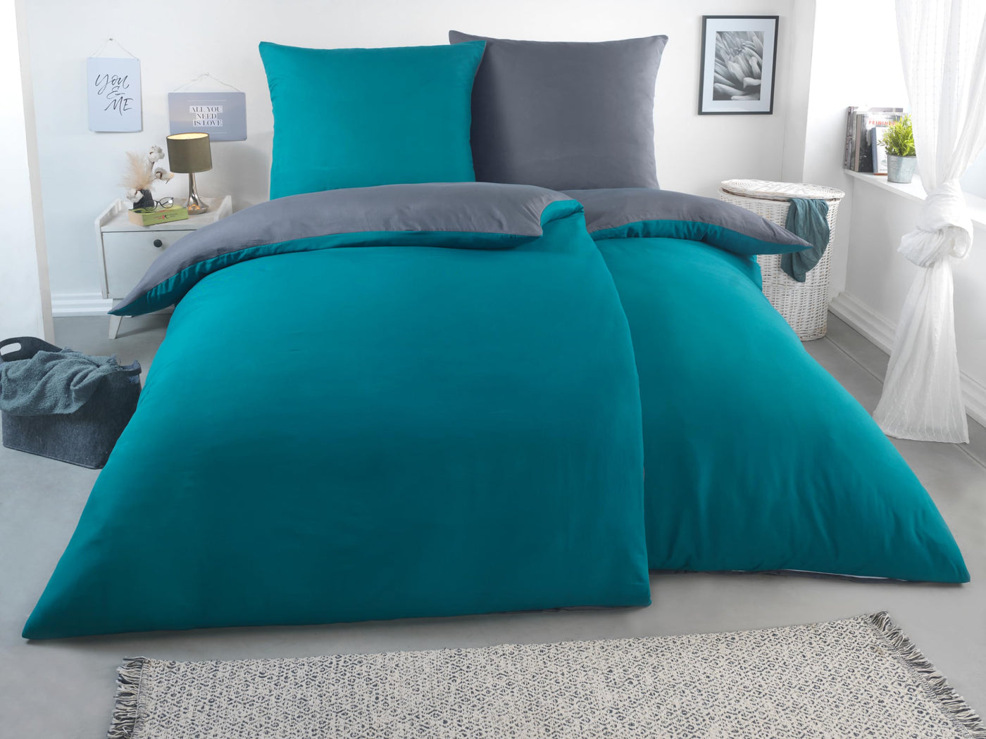 MALIKA® Bettwäsche 135x200 4 teilig | ÖkoTex Zertifiziert & für Allergiker geeignet |Bettwäsche Set mit je 2 Bettbezügen 135 x 200 & Kissenbezügen 80x80 | modern & hochwertig, Farbe:Petrol-GRAU