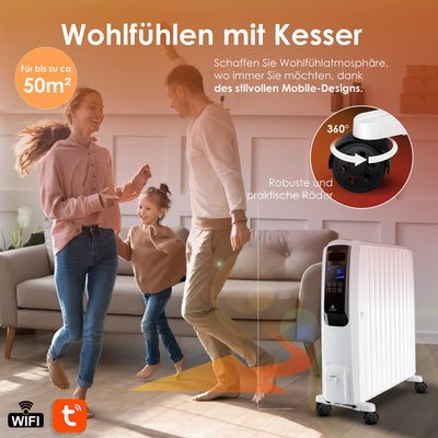 KESSER® 2500W Ölradiator mit WiFi App & Fernbedienung digitalem Display- elektrischer energiesparender Heizkörper mit 10 Rippen, Timer Zeitschaltuhr, 4 Heizstufen, Thermostat, Weiß