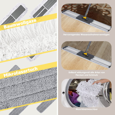 HEVOL Bodenwischer 90cm Breit | Wischmopp mit 154cm Edelstahlgriff & 360°Drehkopf | Industrieller Flachmopp für Haushalt, Büro, Hotel, Mall & Garage | Inkl. 1 Baumwollpad + 2 Mikrofaserpads