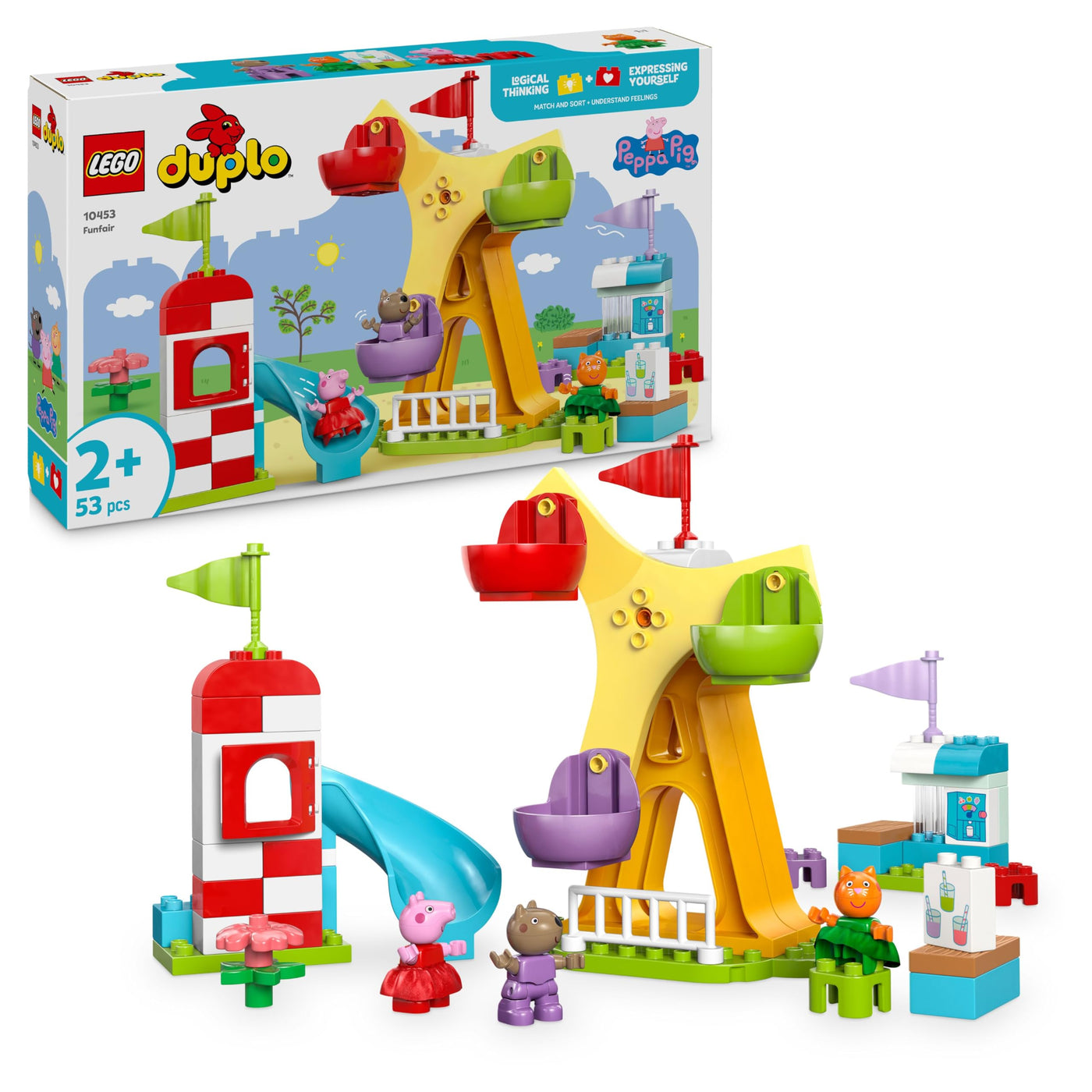 LEGO DUPLO Peppa Wutz Jahrmarkt - Montessori Spielzeug - Motorikspielzeug für Kinder ab 2 Jahren - Vorschule Spiele mit Riesenrad, Rutsche & 3 Figuren inkl. Mollie Mieze & Klausi Kläff 10453