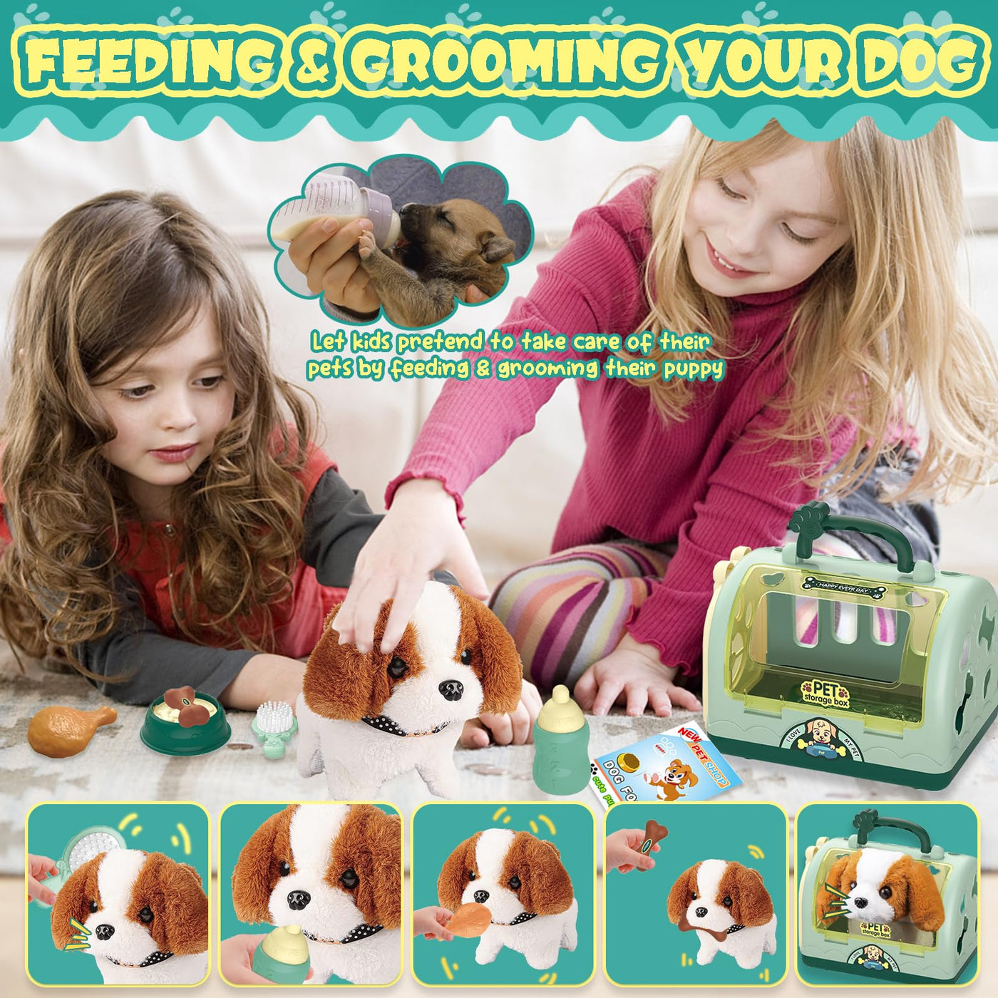 STAY GENT Roboter Hund Spielzeug Kinder Geschenke Mädchen Spielzeug ab 2 3 4 5 6 7 Jahre, 12 STK Rollenspiel Interaktives Elektronisches Hund Plüsch Kuscheltier Läuft Bellt & Transportkäfig Haustier