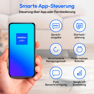 MEDION Saugroboter mit intelligenter Navigation S35 (App- und Sprachsteuerung, 4000Pa Saugkraft, Gyro-Navigation in systematischen S-Linien, Teppicherkennung, Wandsensoren)