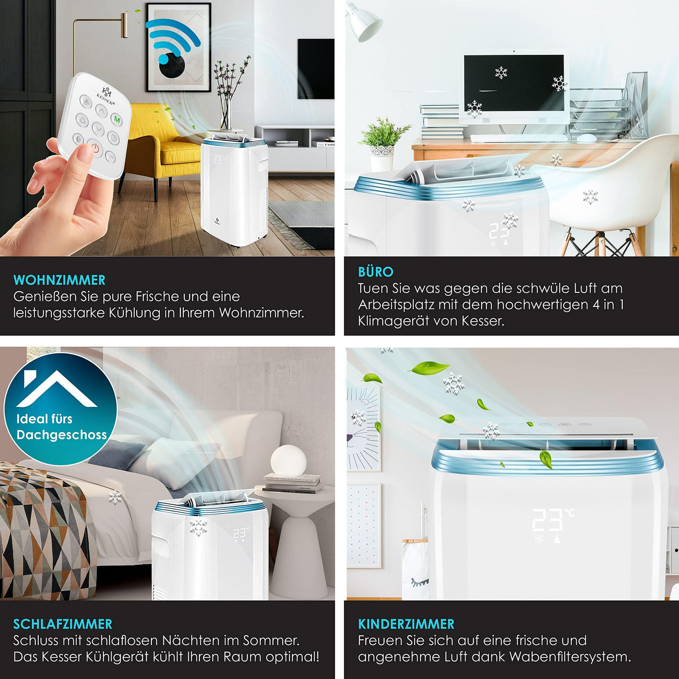 KESSER® Klimaanlage Mobil Klimagerät 4in1 kühlen, Luftentfeuchter, lüften, Ventilator - 9000 BTU/h (2.600 Watt) 2,7KW - Klima, Fernbedienung und Timer, Nachtmodul, Weiß