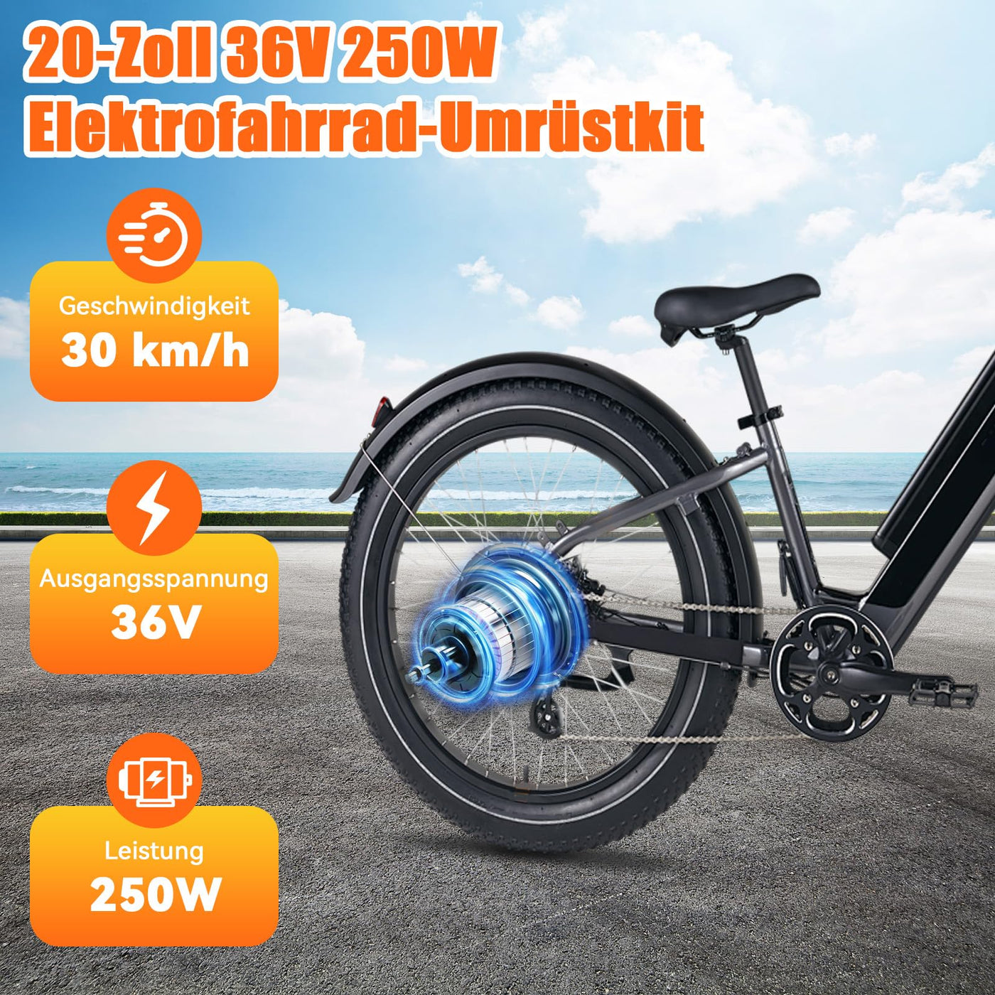 jiumxliu 20 Zoll 36V Ebike Umbausatz 250W Elektrofahrrad Umbausatz Heckmotor Elektrofahrrad Conversion Kit 30km/h, 5-Stufen PAS, Tempomat, LCD-Display, Controller-Paket, für Scheiben-/V-Bremse