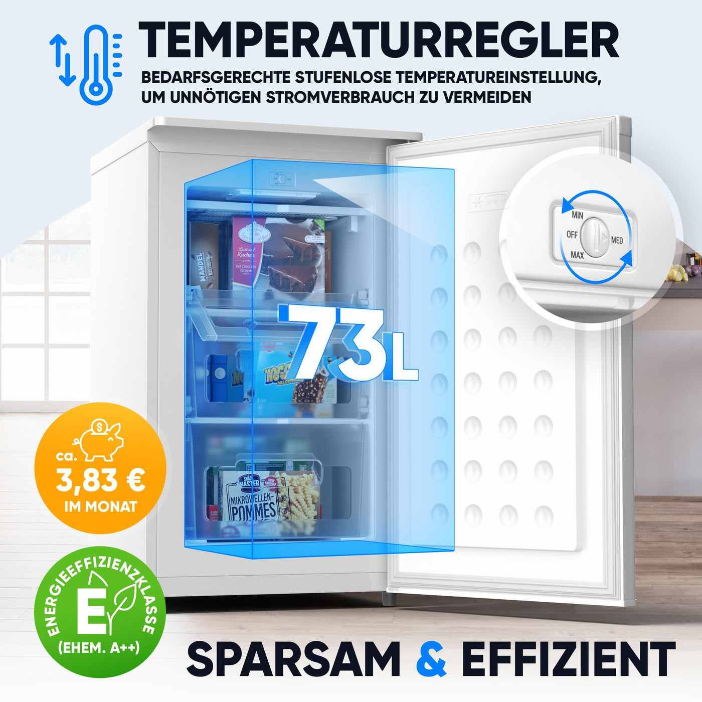 Stillstern Gefrierschrank E (73L) 4-Sterne-Gefrierfach -18°C, geringer Energieverbrauch, 3 Fächer, stufenlos regelbare Temperatur, wechselbarer Türanschlag, Klein Tiefkühlschrank