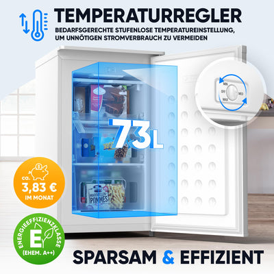 Stillstern Gefrierschrank E (73L) 4-Sterne-Gefrierfach -18°C, geringer Energieverbrauch, 3 Fächer, stufenlos regelbare Temperatur, wechselbarer Türanschlag, Klein Tiefkühlschrank