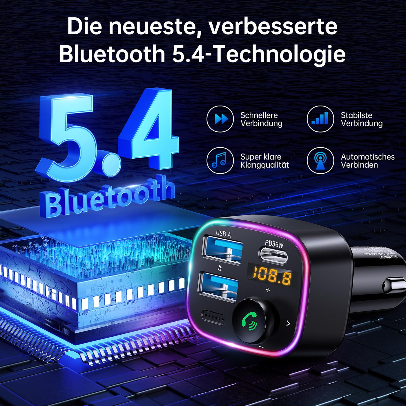 Syncwire FM Transmitter Auto Bluetooth 5.4 48W (PD 36W & 12W) Bluetooth Adapter Auto mit [Lichtschalter] [HiFi-Bass-Sound] [Schnellladen] Freisprecheinrichtung Autoladegerät Zigarettenanzünder